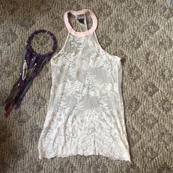 Free People Tops - Free People Vintage Pink Lace Racerback Tank Top